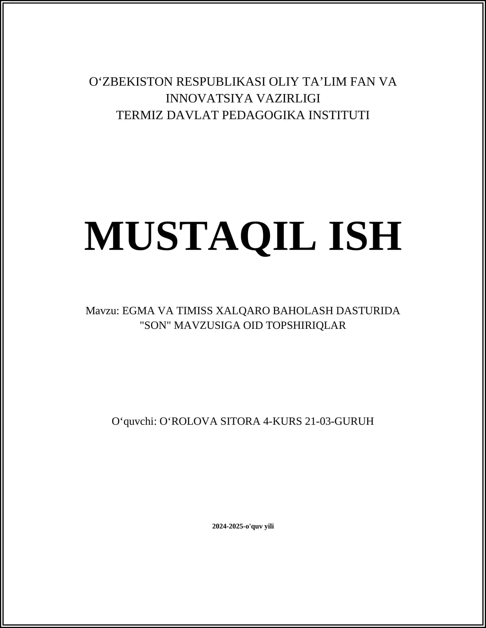 EGMA VA TIMISS XALQARO BAHOLASH DASTURIDA "SON" MAVZUSIGA OID TOPSHIRIQLAR