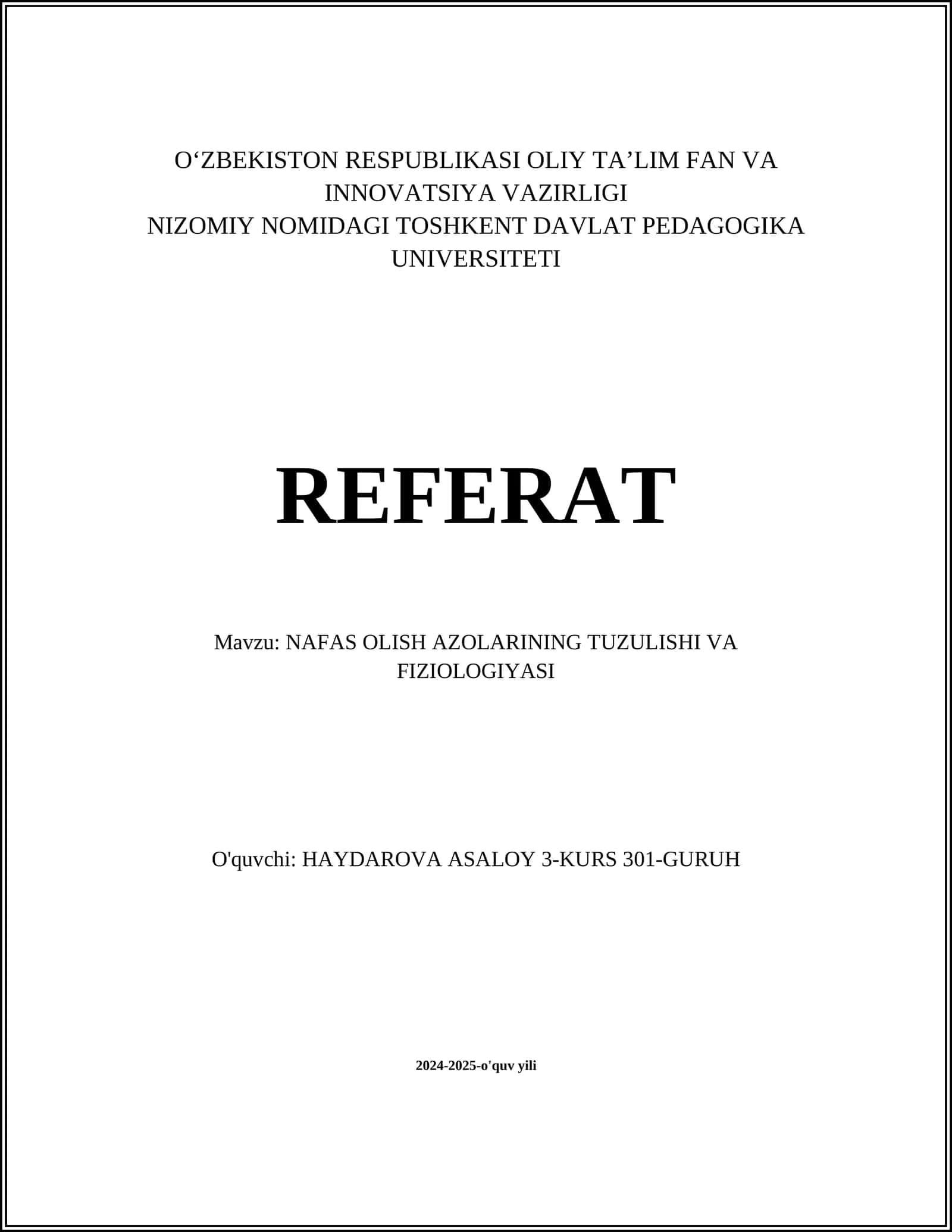 NAFAS OLISH AZOLARINING TUZULISHI VA FIZIOLOGIYASI