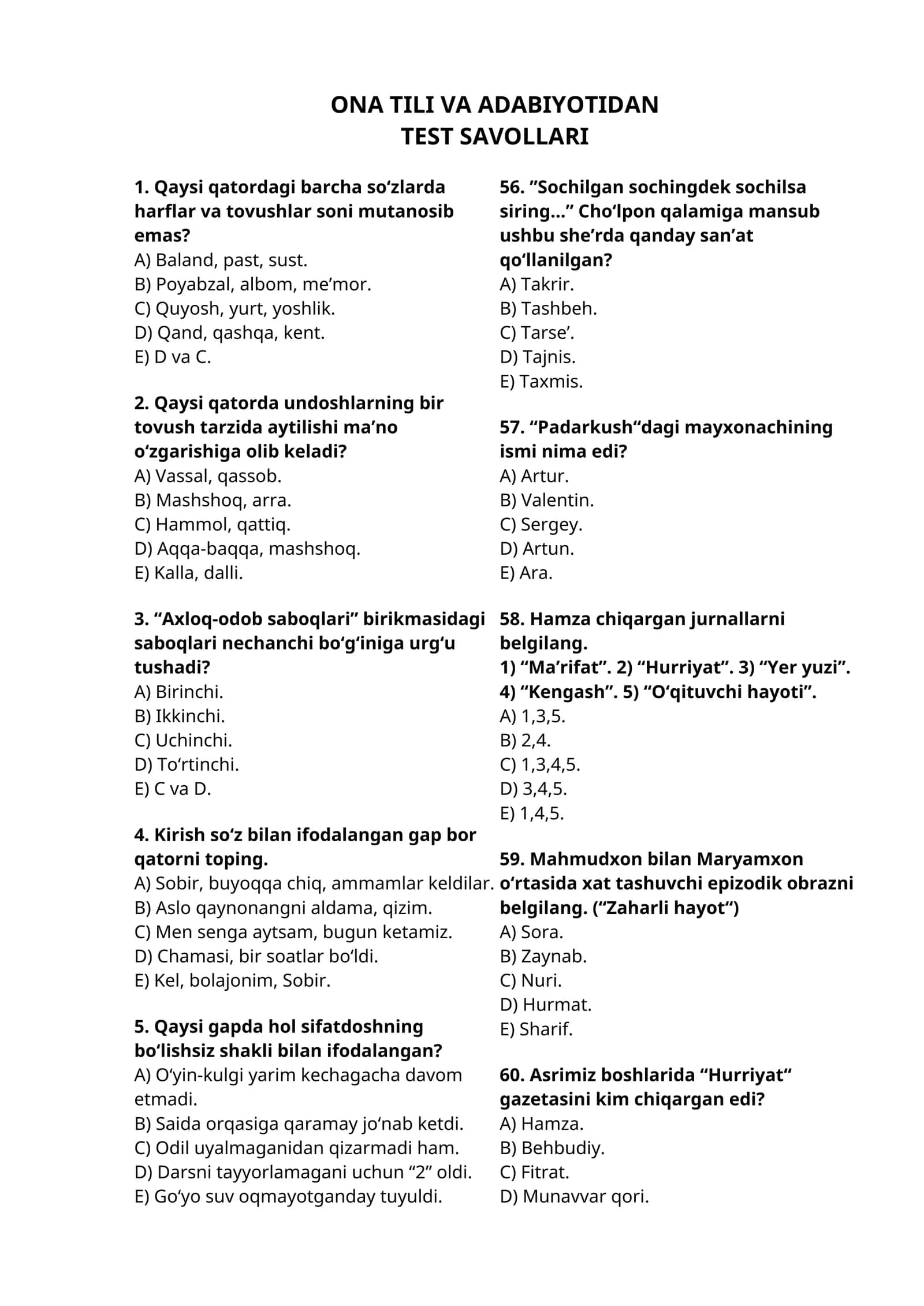 ONA TILI VA ADABIYOTIDAN TEST SAVOLLARI