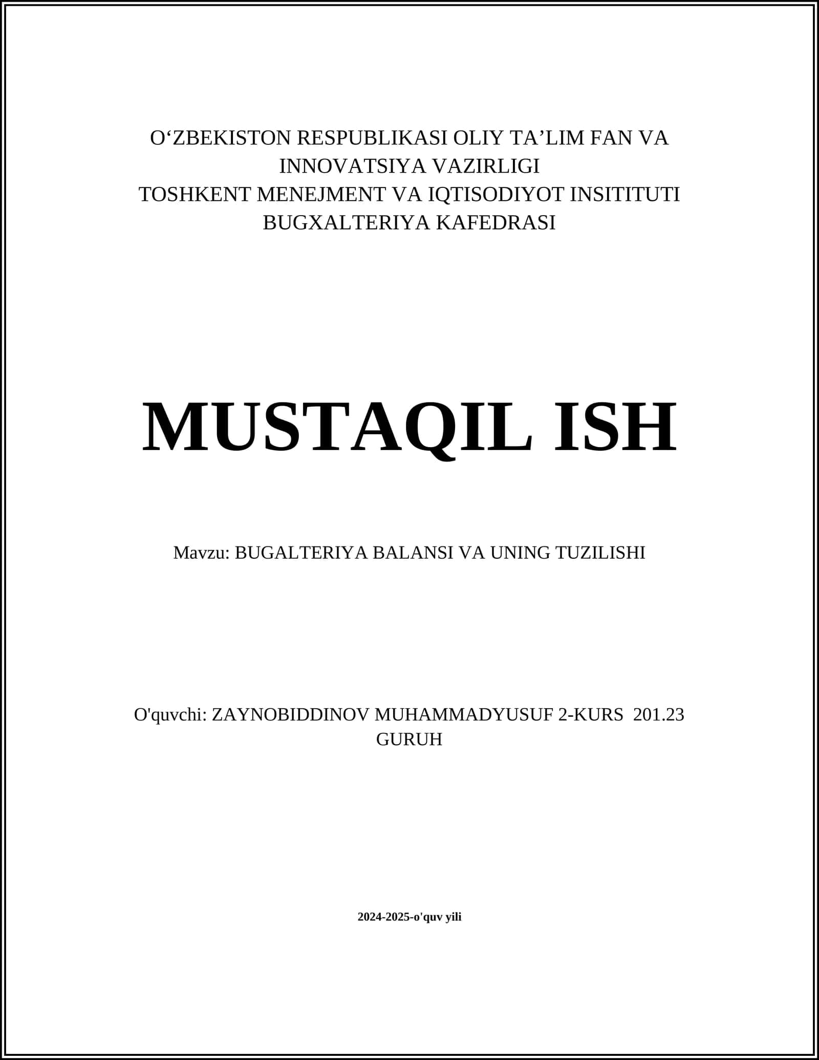 BUGALTERIYA BALANSI VA UNING TUZILISHI