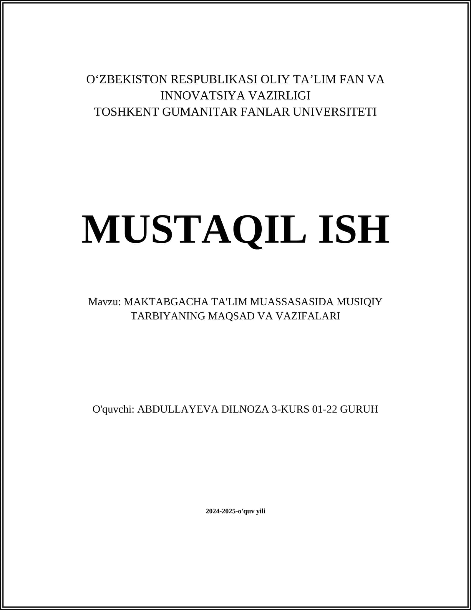 MAKTABGACHA TA'LIM MUASSASASIDA MUSIQIY TARBIYANING MAQSAD VA VAZIFALARI