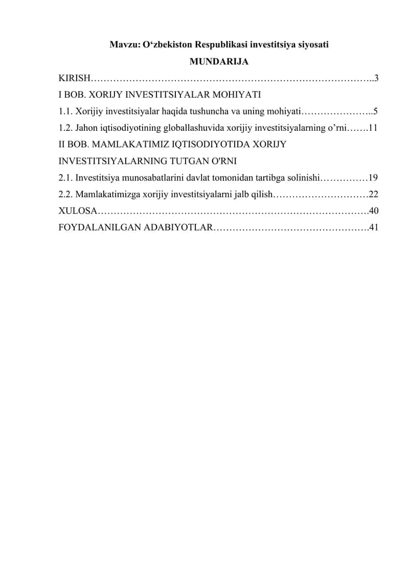 O‘zbekiston Respublikasi investitsiya siyosati