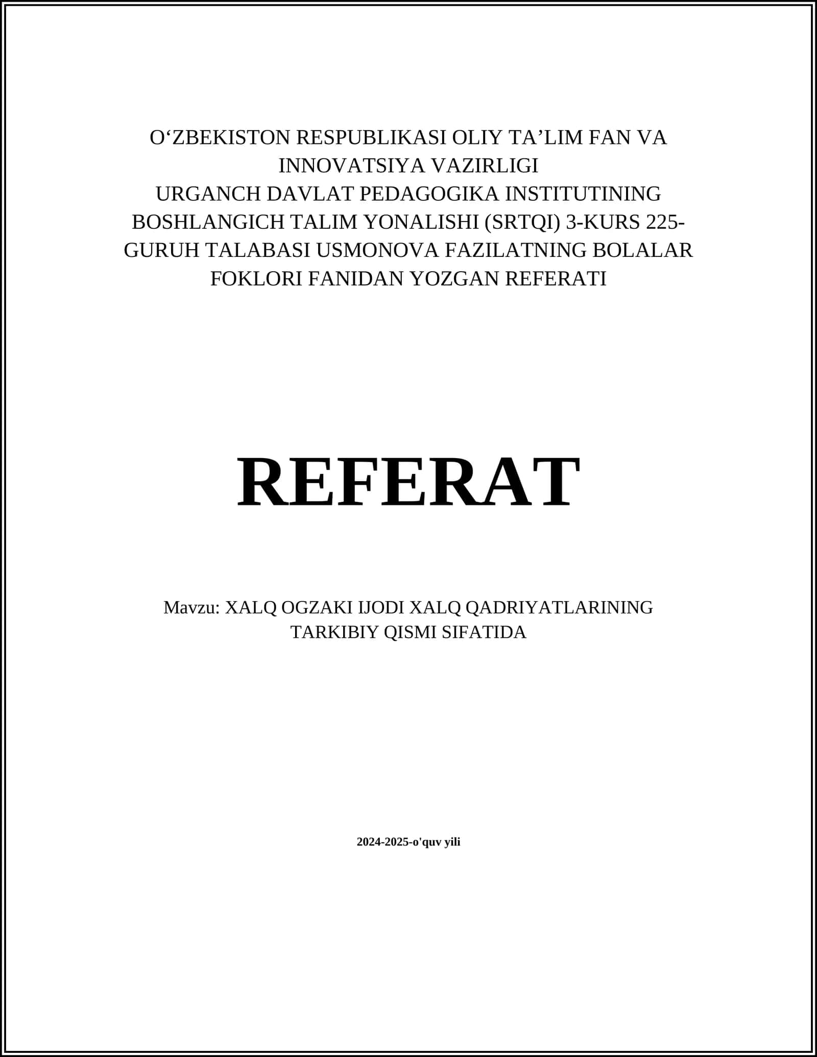 BOLALAR FOKLORI FANIDAN YOZGAN REFERATI