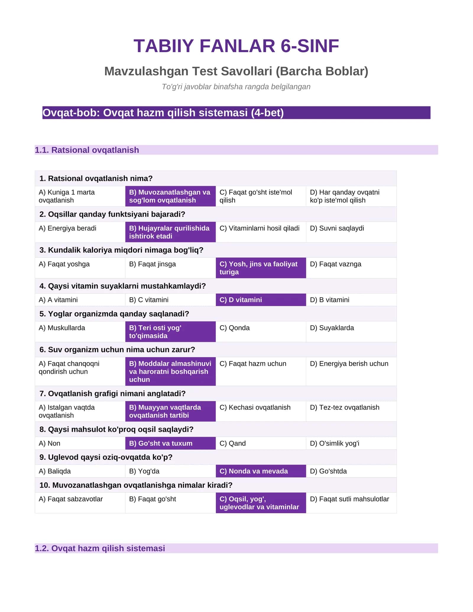TABIIY FANLAR 6-SINF Mavzulashgan Test Savollari (Barcha Boblar)