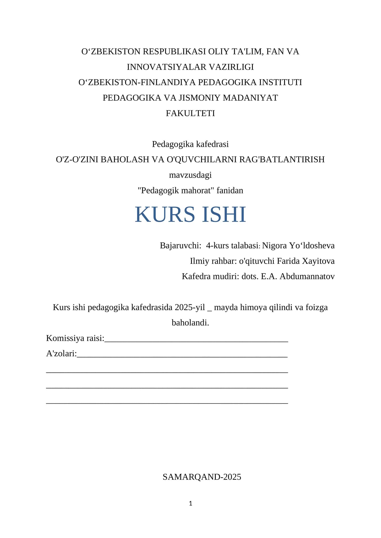 KURS ISHI "Pedagogik Mahorat"