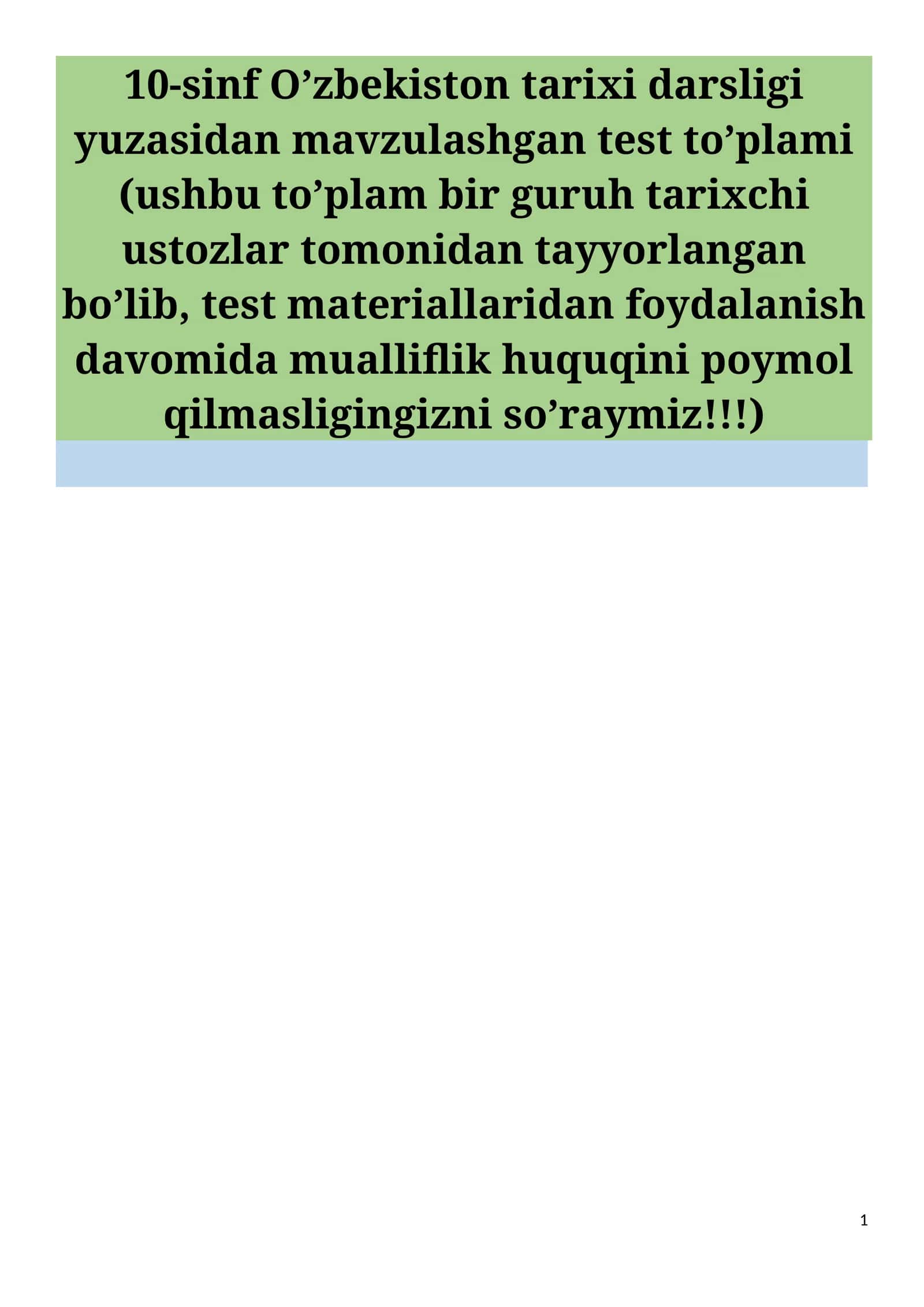 10-sinf O’zbekiston tarixidan mavzulshtirilgan testlar