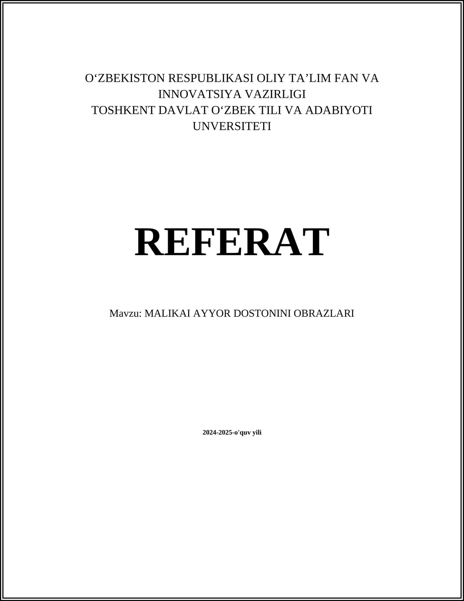 MALIKAI AYYOR DOSTONINI OBRAZLARI