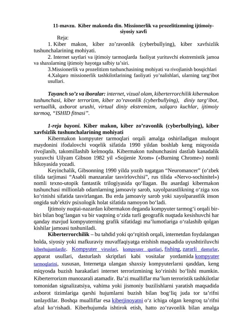 Kiber makonda din. Missionerlik va prozelitizmning ijtimoiy- siyosiy xavfi