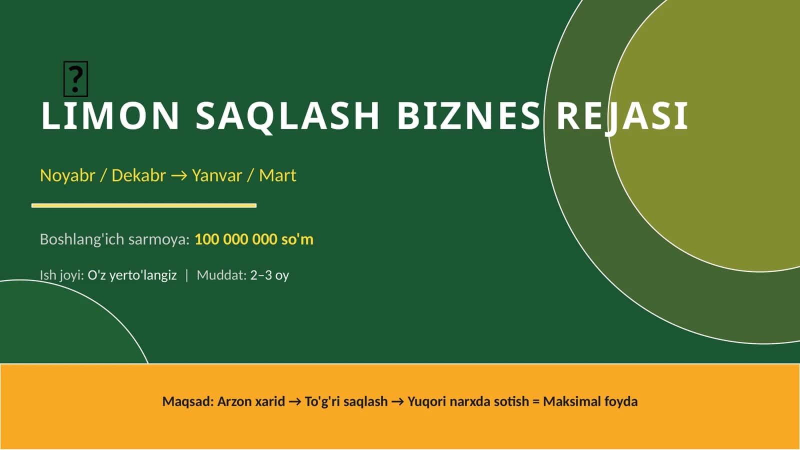 (100 millionlik loyiha ishi) LIMON SAQLASH BIZNES REJASI