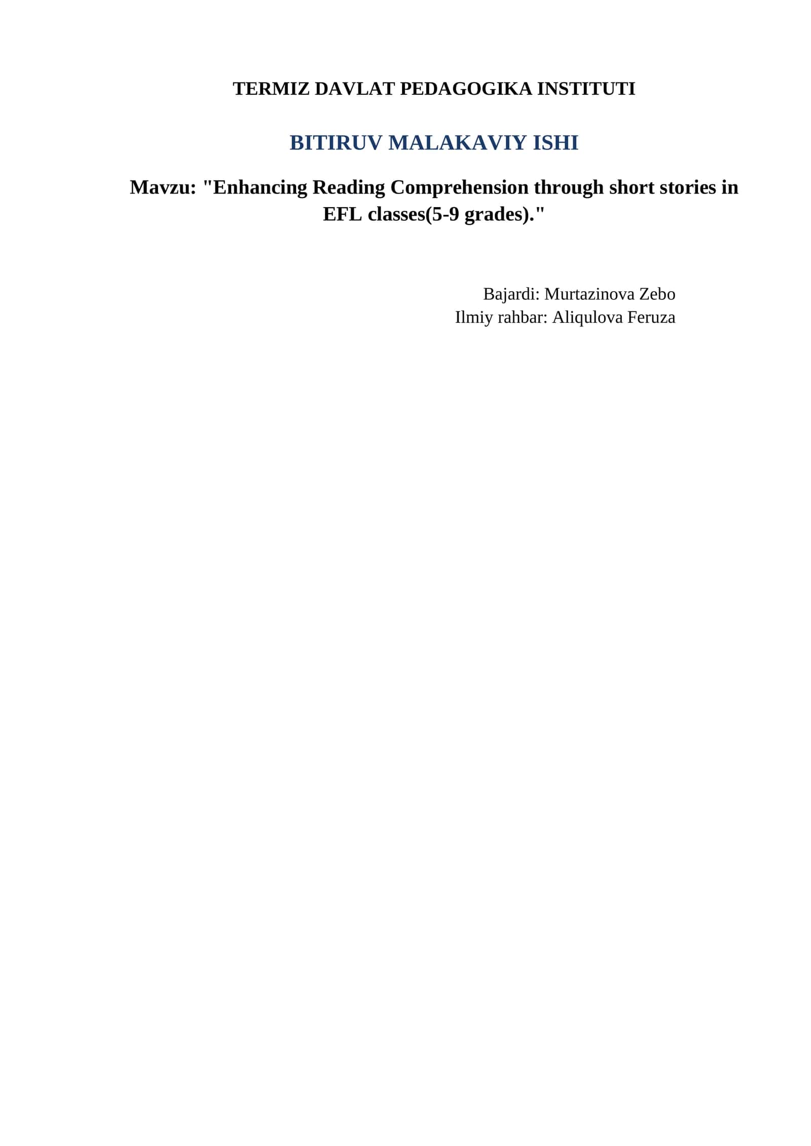"Enhancing Reading Comprehension through short stories in EFL classes(5-9 grades)."