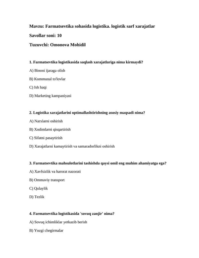 Farmatsevtika logistikasi savollari