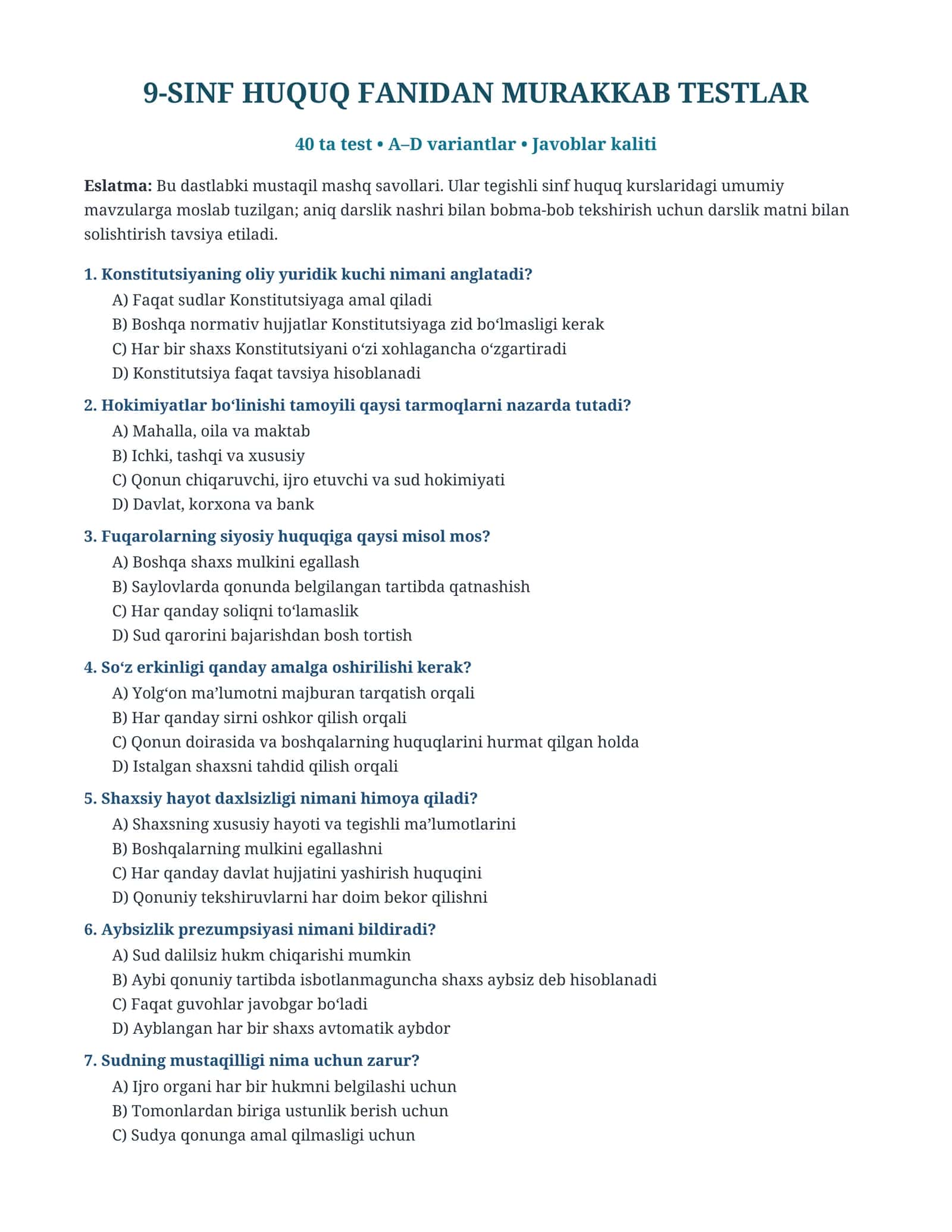 9-sinf huquq fanidan testlar