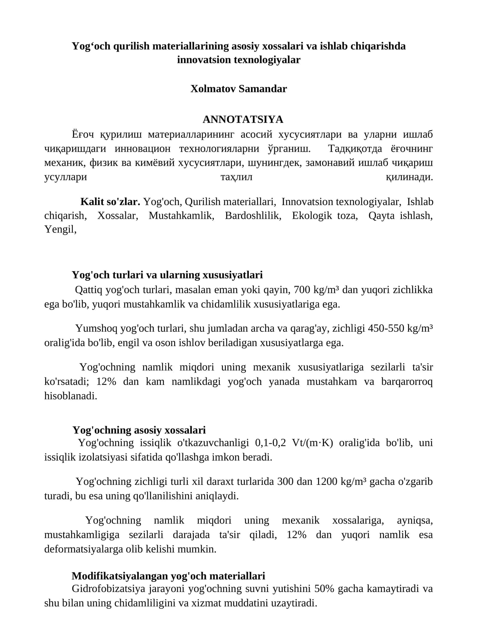 Yogʻoch qurilish materiallarining asosiy xossalari va ishlab chiqarishda innovatsion texnologiyalar