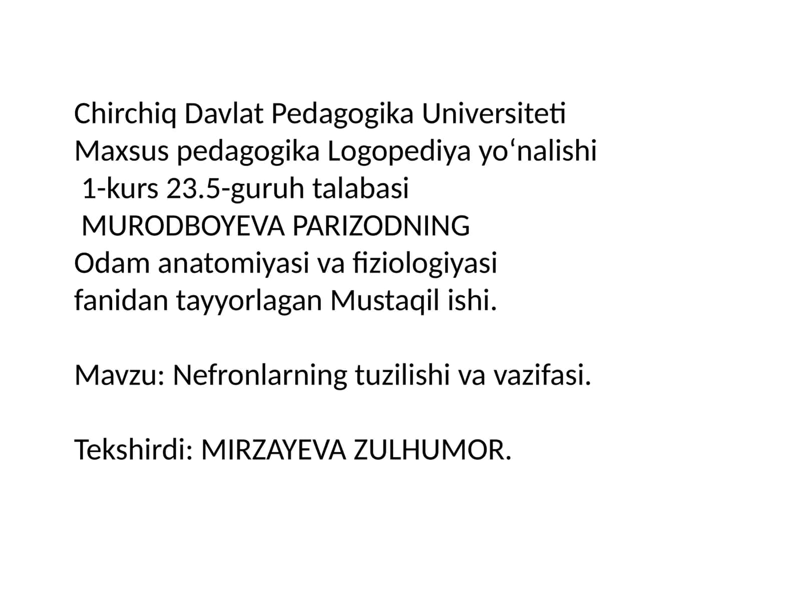 Nefronlar Tuzilishi va Vazifasi
