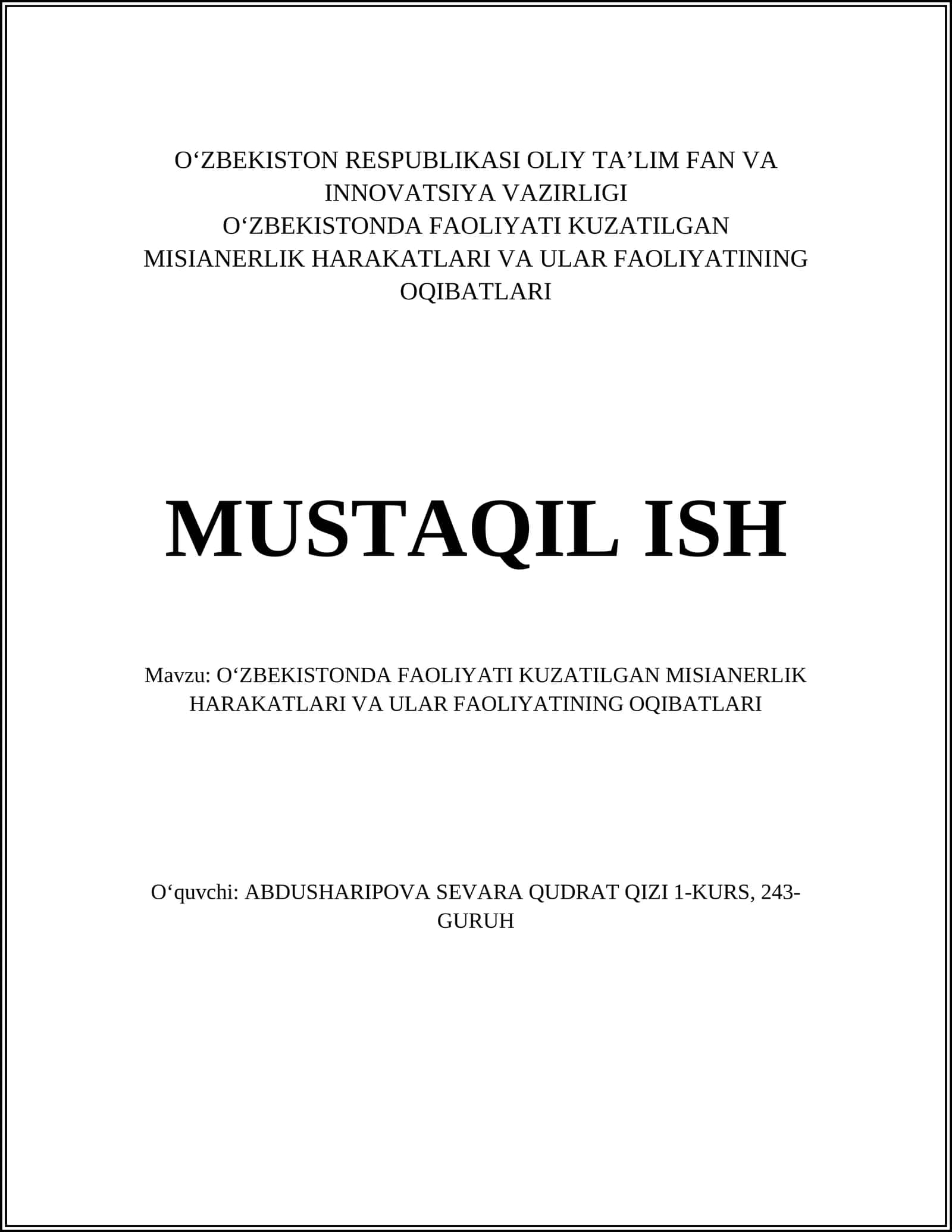 O'ZBEKISTONDA FAOLIYATI KUZATILGAN MISIANERLIK HARAKATLARI VA ULAR FAOLIYATINING OQIBATLARI