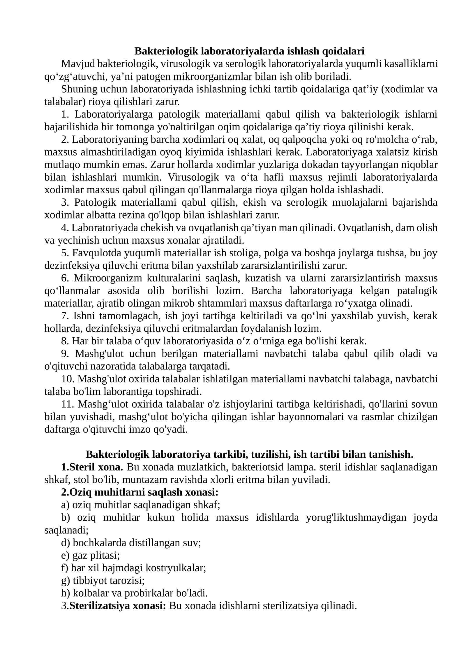 Bakteriologik laboratoriyalarda ishlash qoidalari