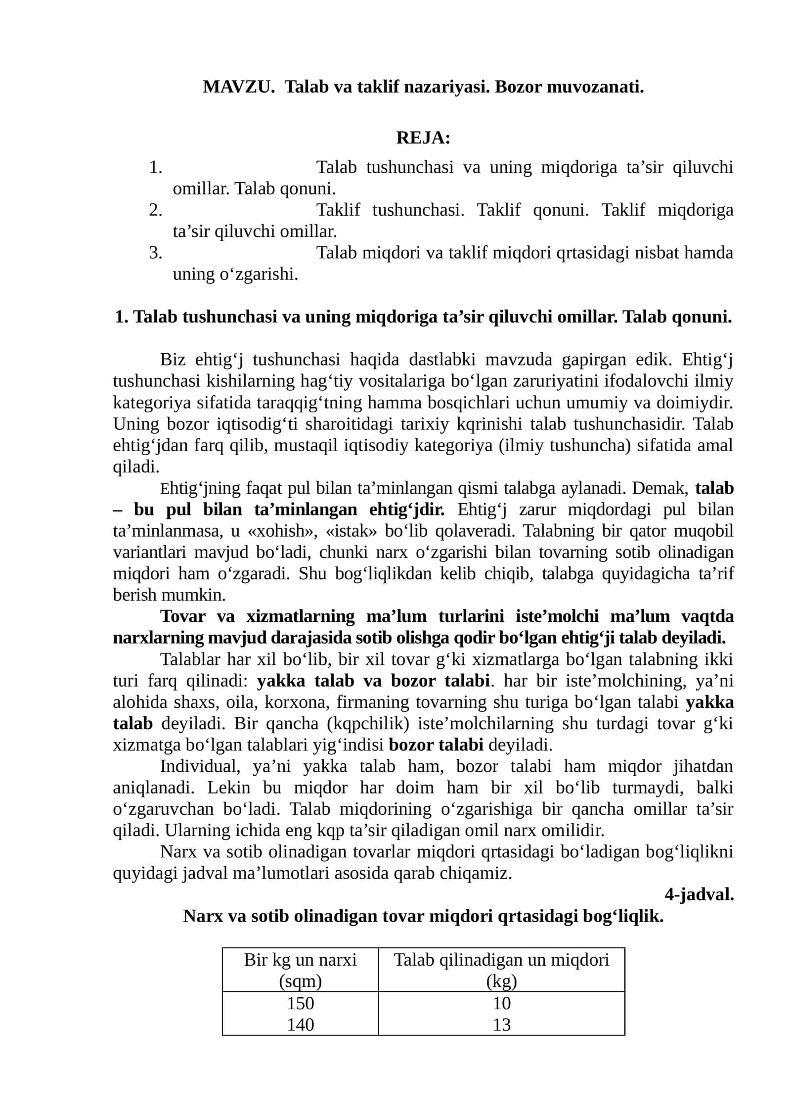 Talab va taklif nazariyasi. Bozor muvozanati
