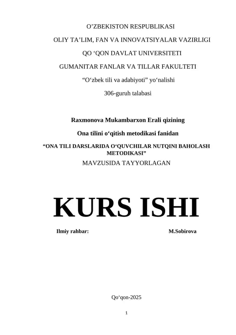 "ONA TILI DARSLARIDA O‘QUVCHILAR NUTQINI BAHOLASH METODIKASI"