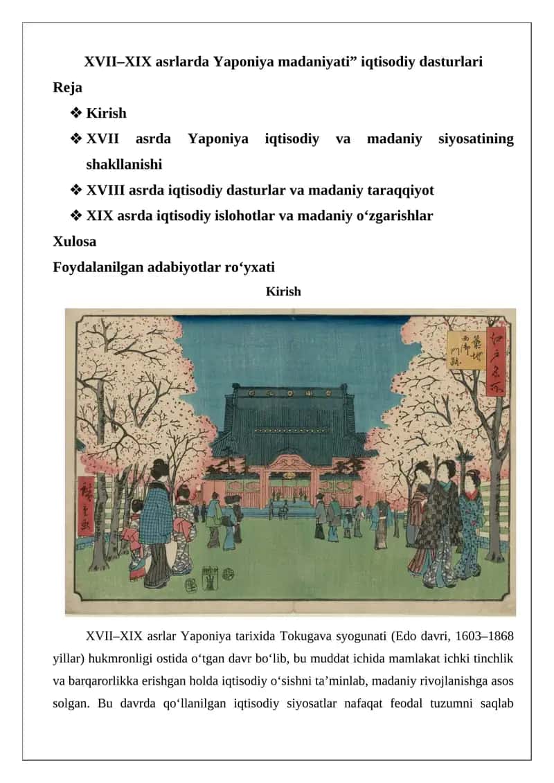 XVII–XIX asrlarda Yaponiya madaniyati” iqtisodiy dasturlari