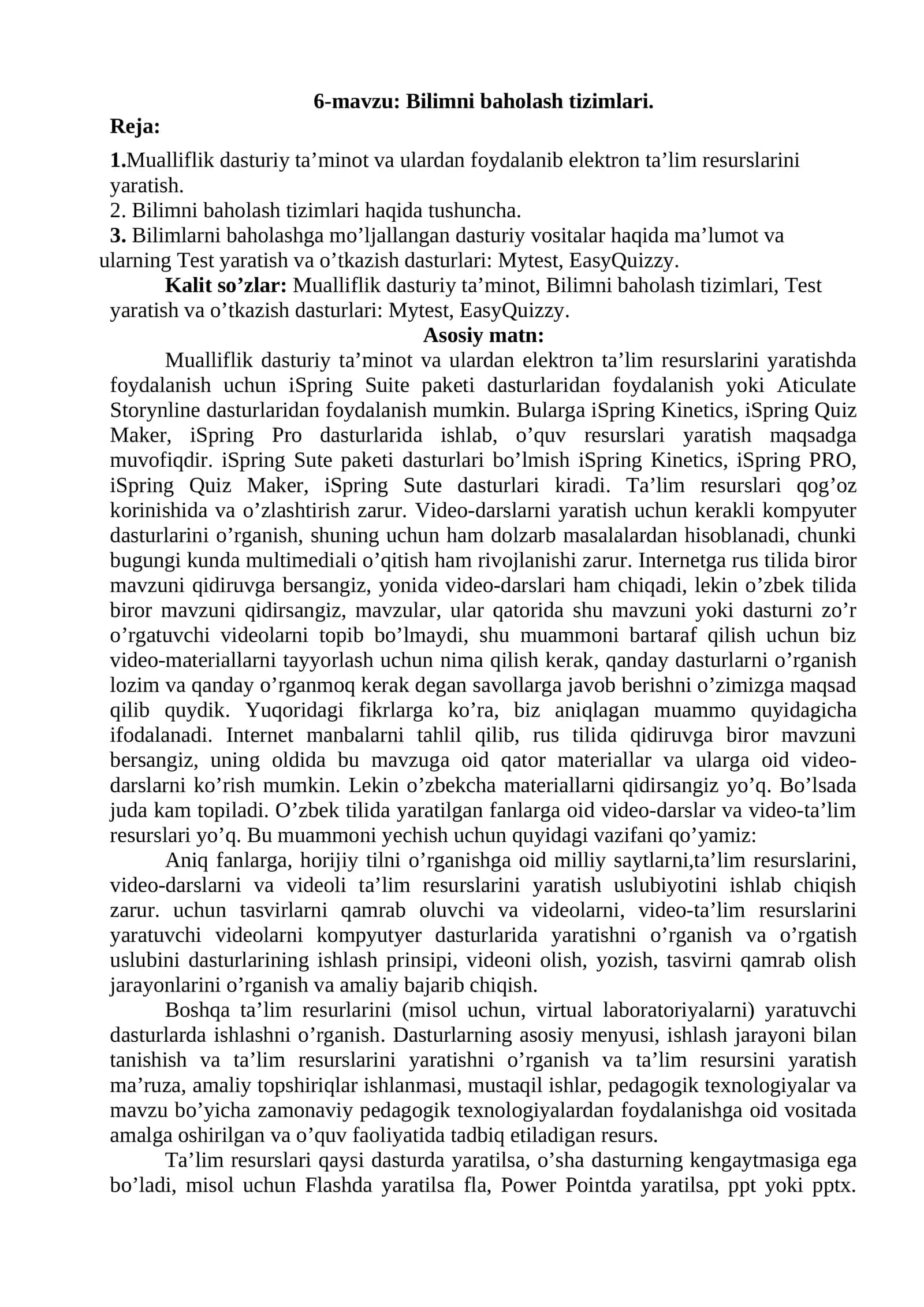 6-Mavzu: Bilimni baholash tizimlari