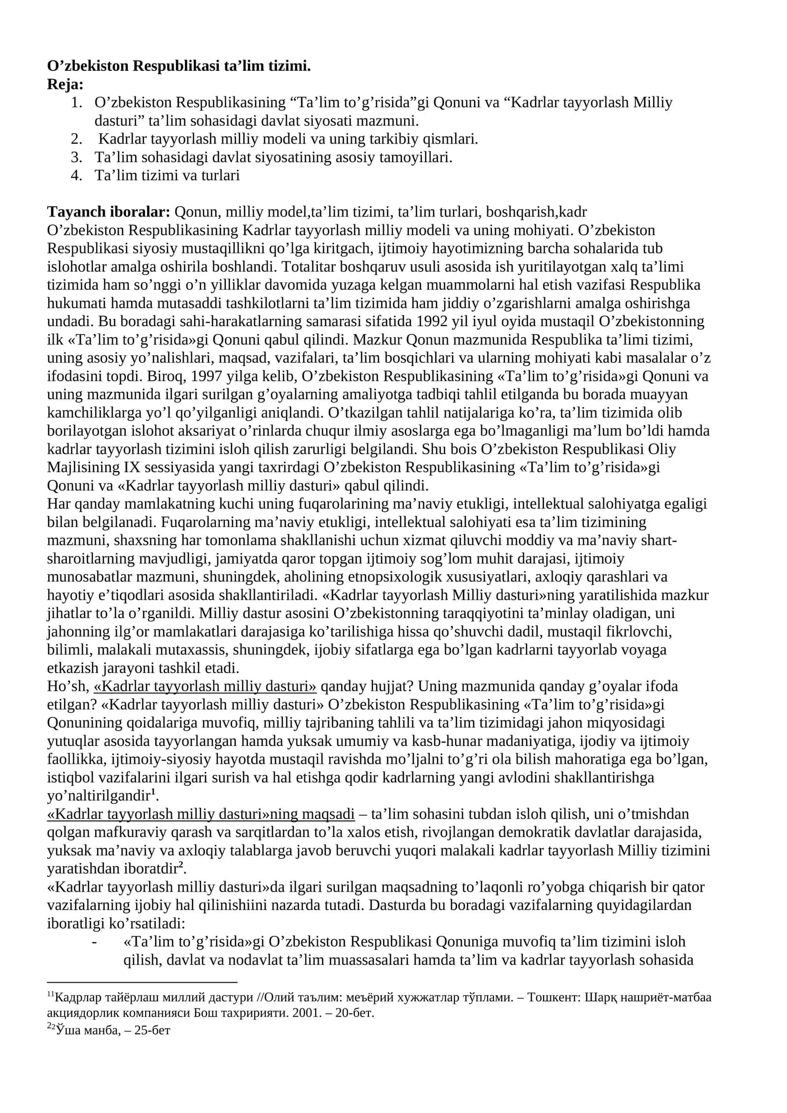 O’zbekiston Respublikasi ta’lim tizimi