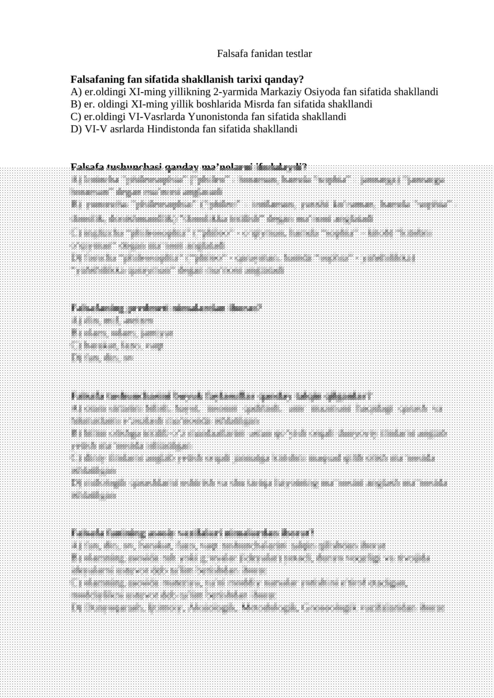 Falsafa fanidan testlar