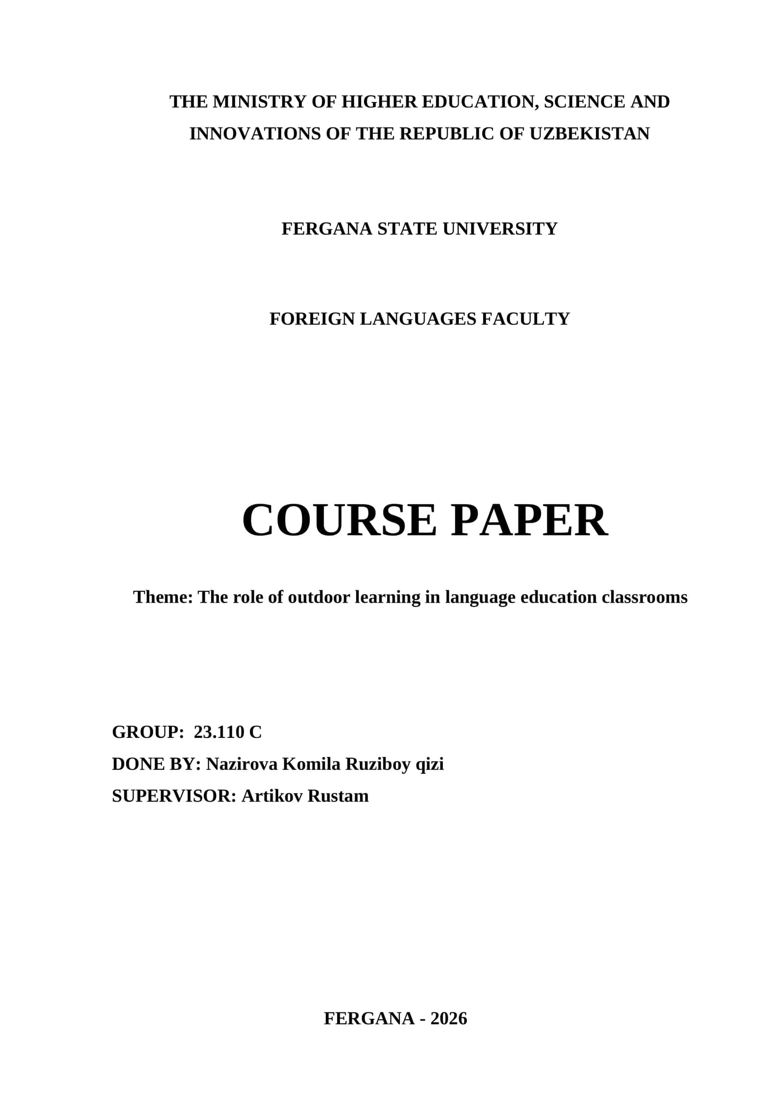 Course Paper on "The role of outdoor learning in language education classrooms"