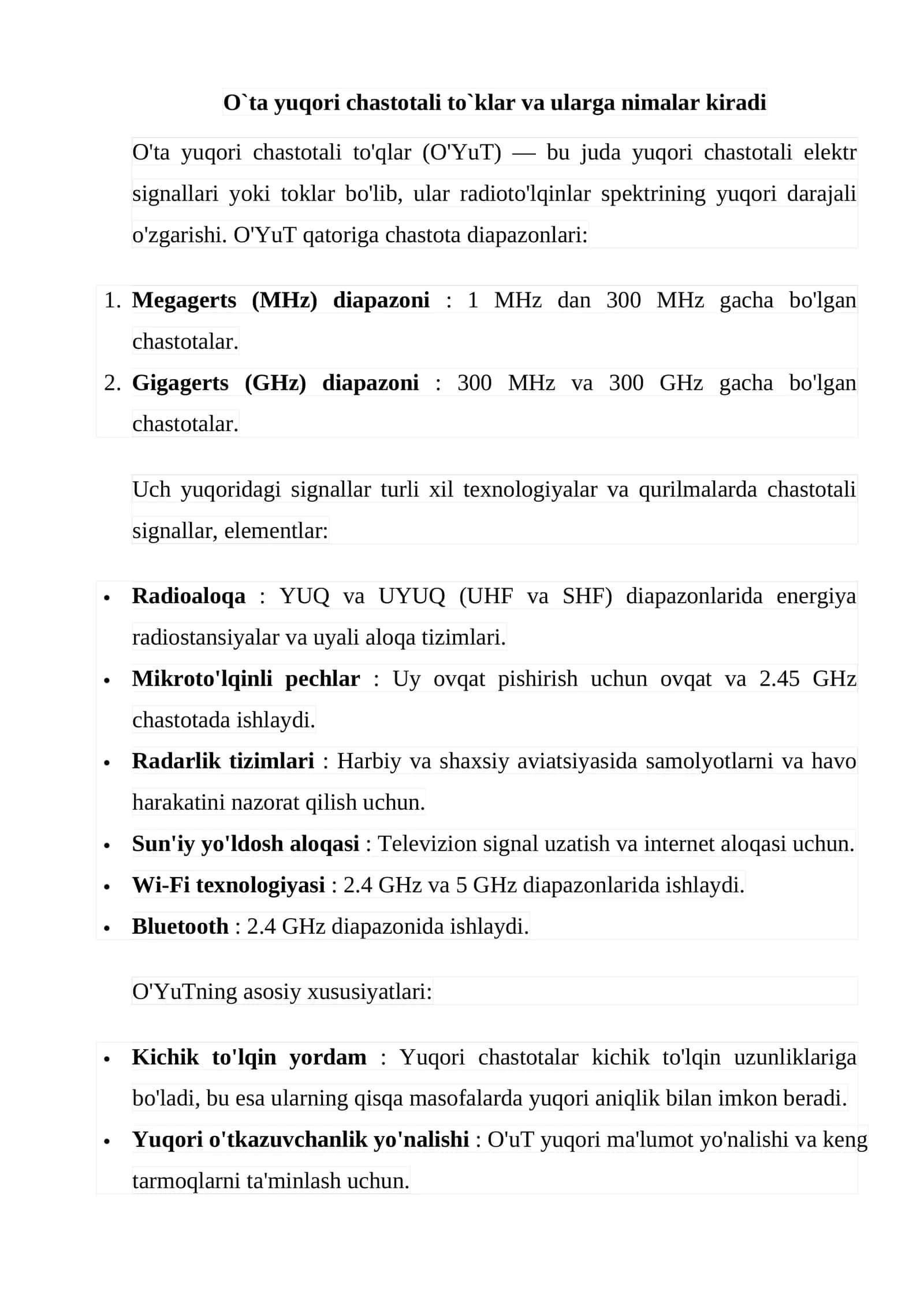 O`ta yuqori chastotali to'qlar va ularga nimalar kiradi