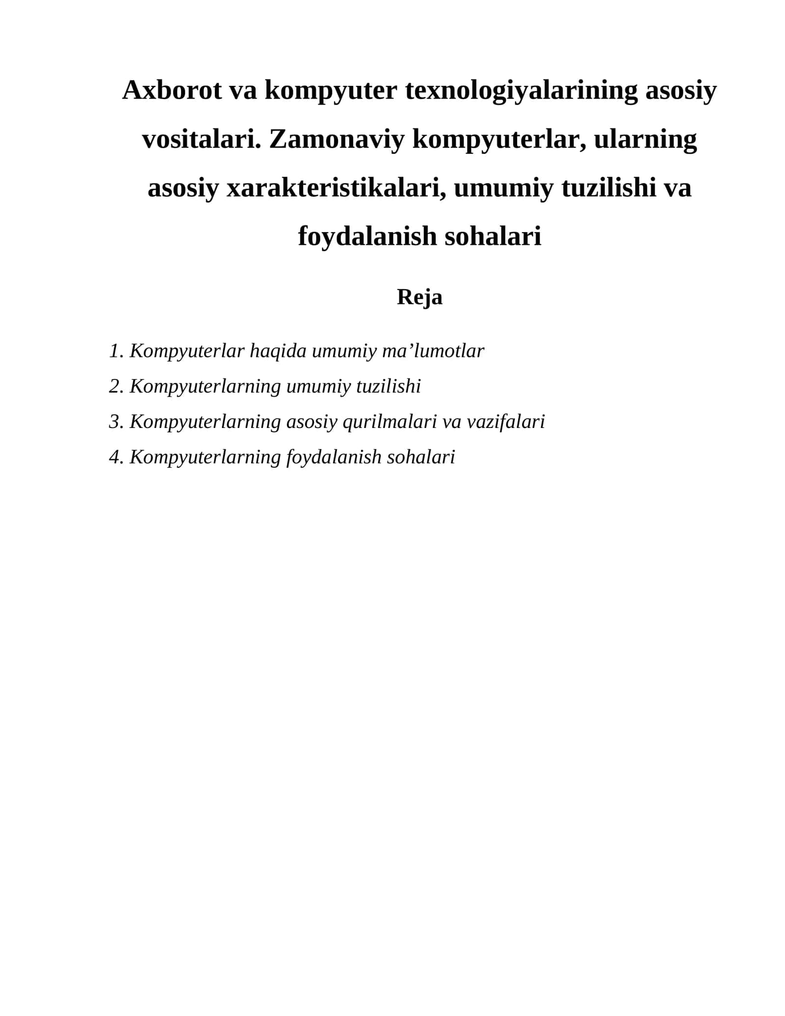 Kompyuterlar haqida umumiy maʼlumotlar