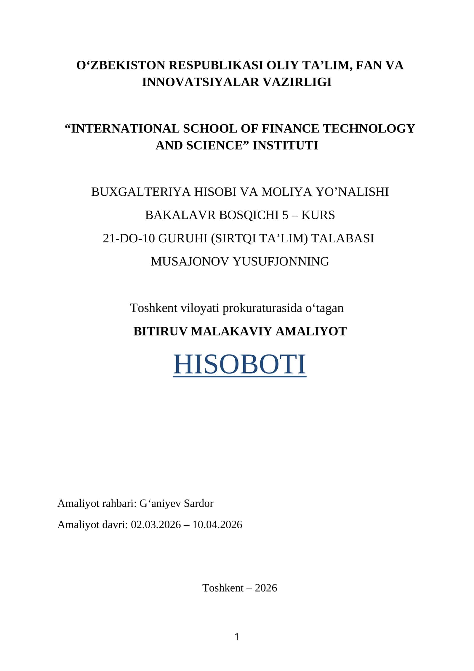 TOSHKENT VILOYATI PROKURATURASI. BITIRUV MALAKAVIY AMALIYOT