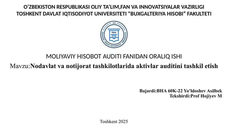 Nodavlat va notijorat tashkilotlarida aktivlar auditini tashkil etish