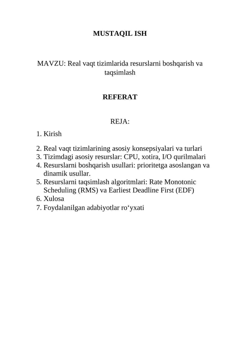 Real vaqt tizimlarida resurslarni boshqarish va taqsimlash