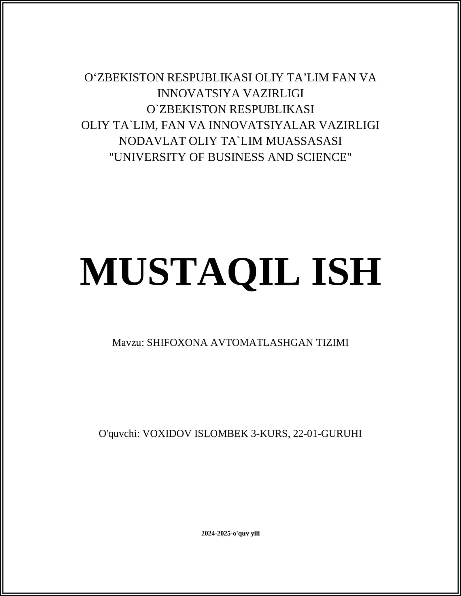 SHIFOXONA AVTOMATLASHGAN TIZIMI