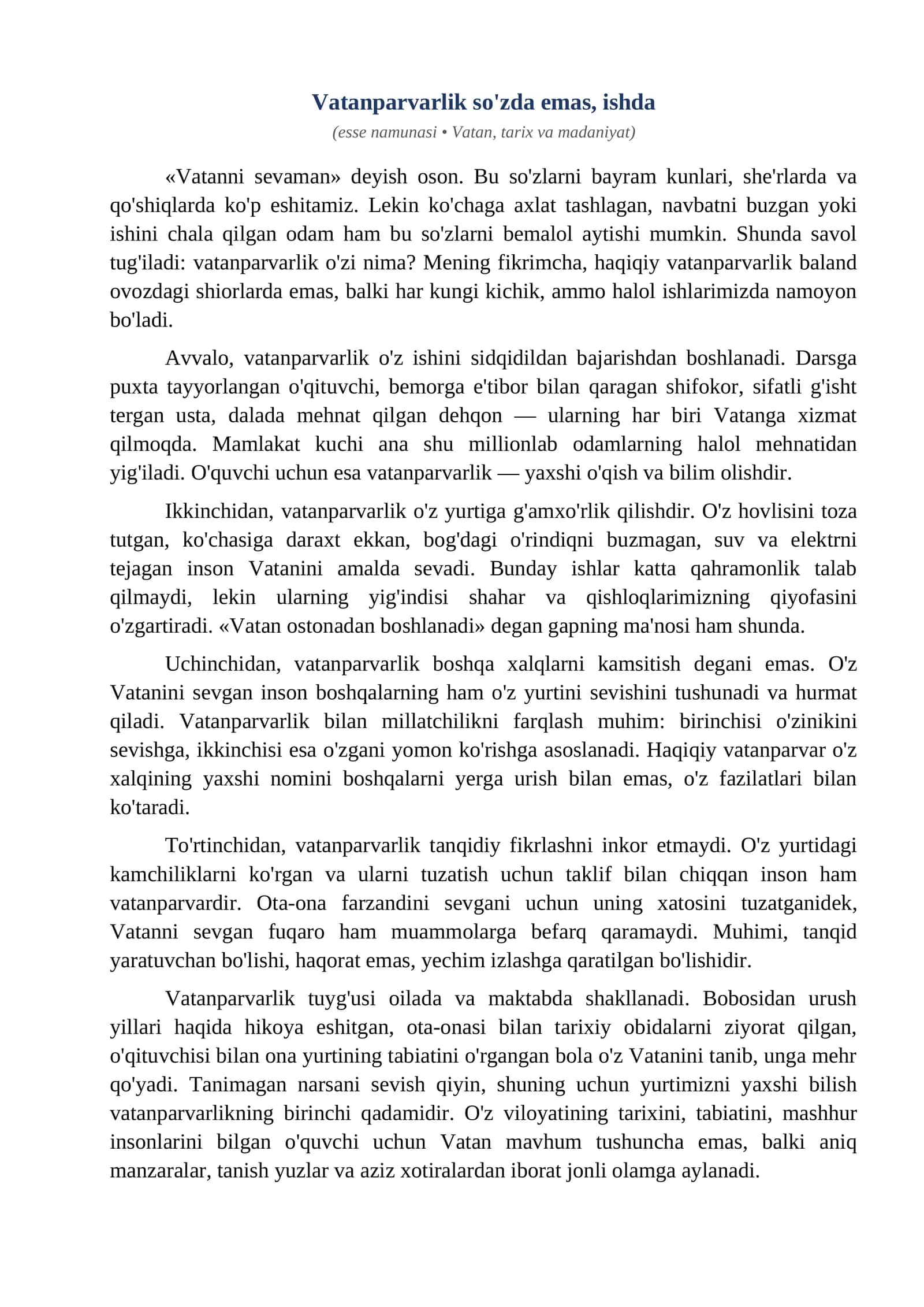 Esse Vatanparvarlik sozda emas ishda