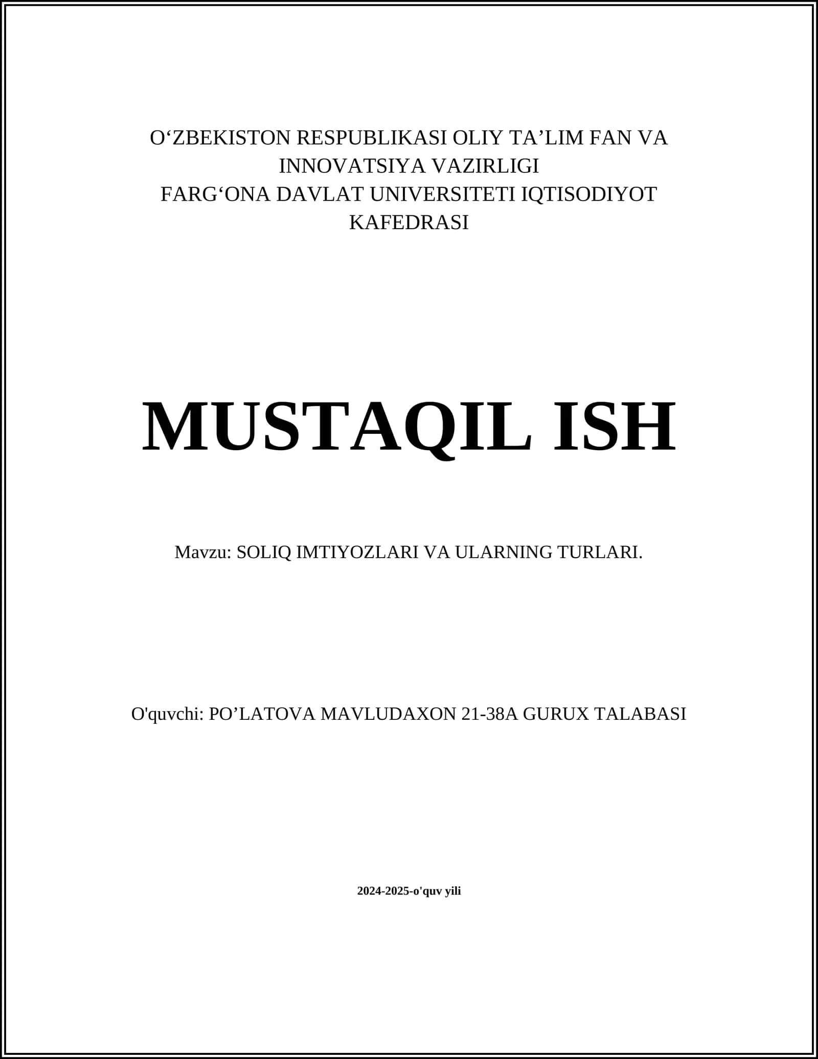 SOLIQ IMTIYOZLARI VA ULARNING TURLARI