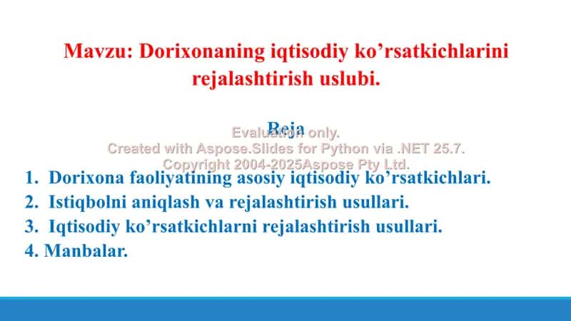 Dorixonaning iqtisodiy ko’rsatkichlarini rejalashtirish uslubi. Taqdimot 16 bet.