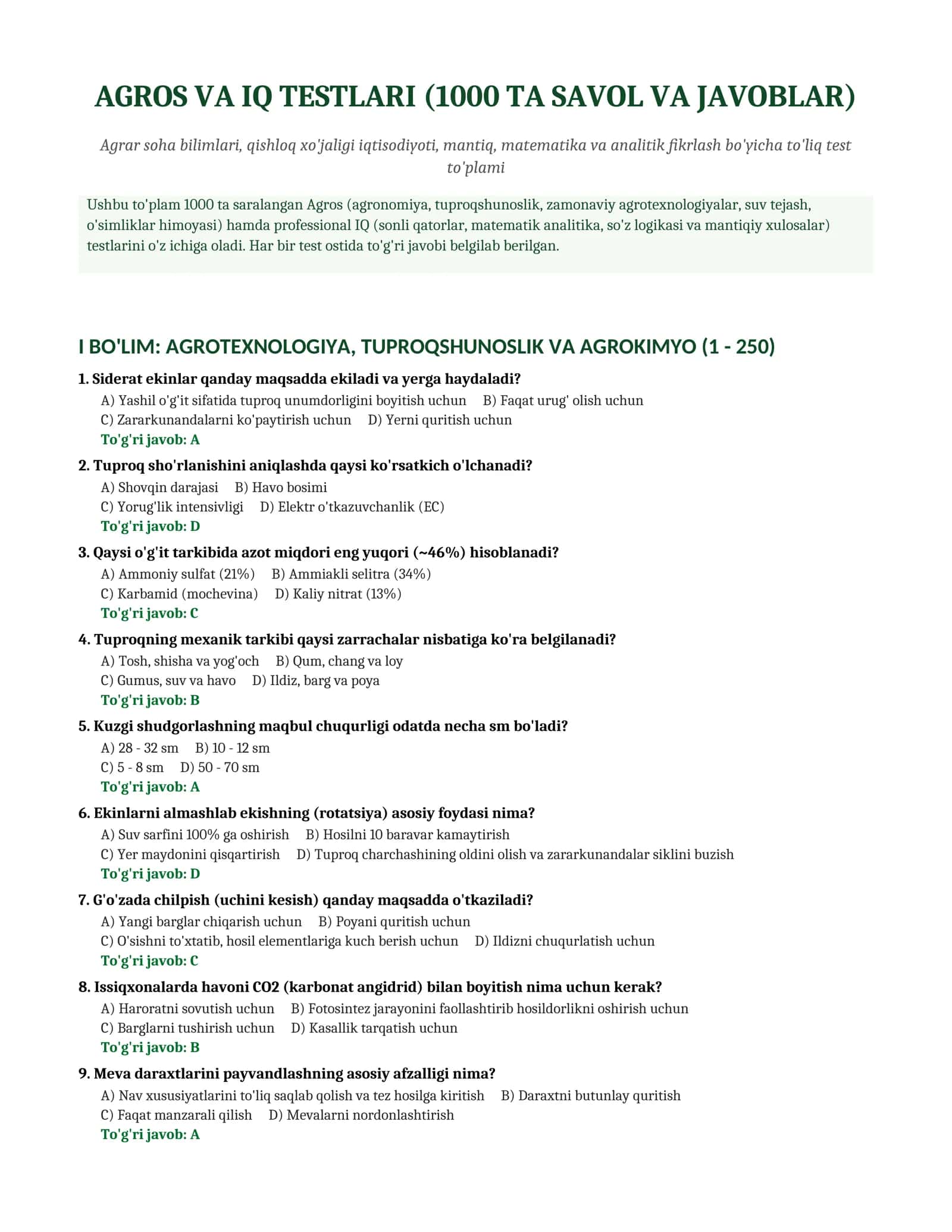 AGROS VA IQ TESTLARI (1000 TA SAVOL VA JAVOBLAR)