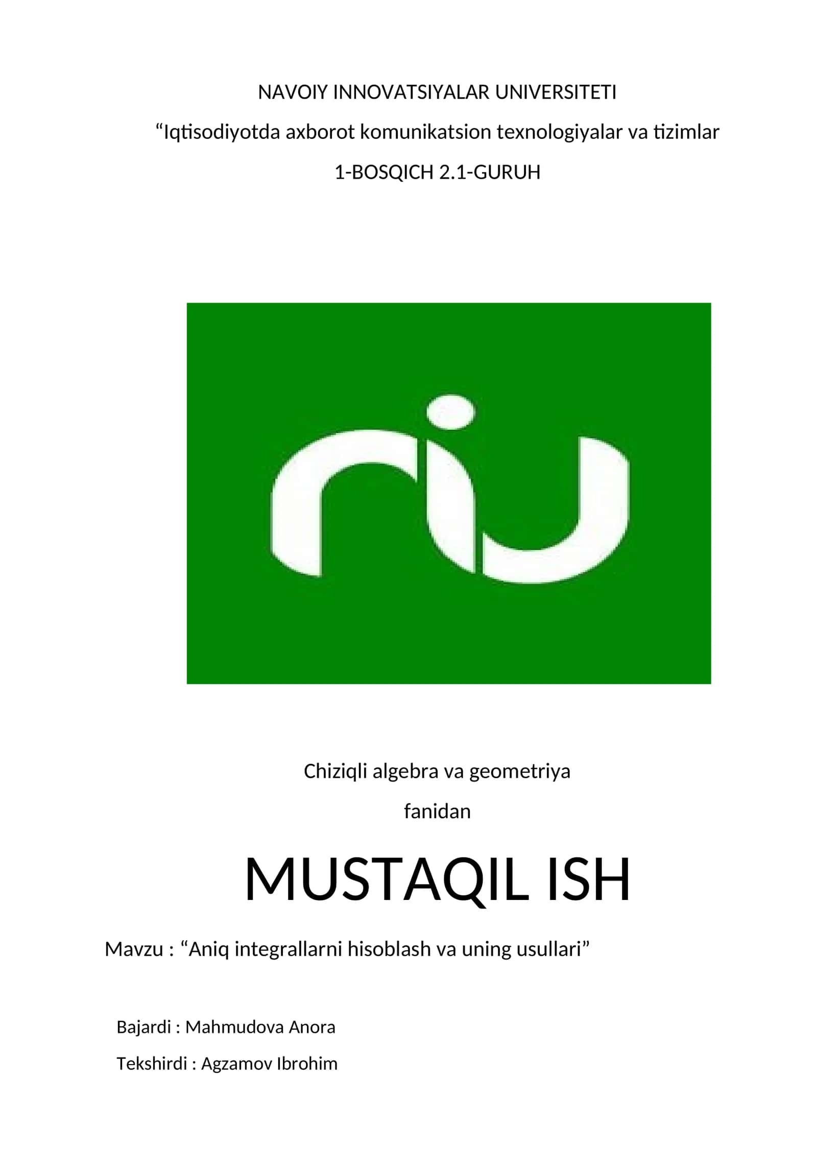 Aniq integrallarni hisoblash va uning usullari