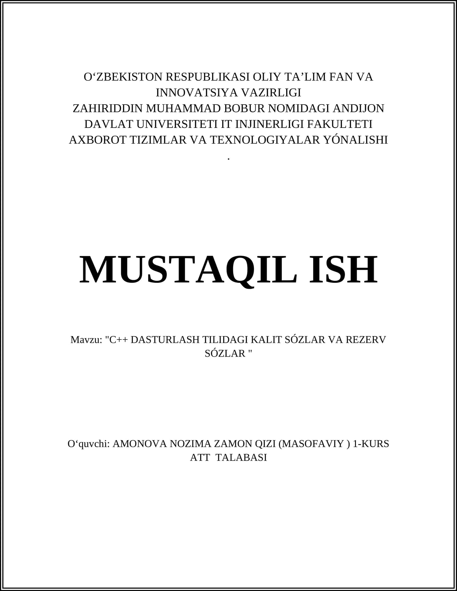 C++ DASTURLASH TILIDAGI KALIT SÓZLAR VA REZERV SÓZLAR