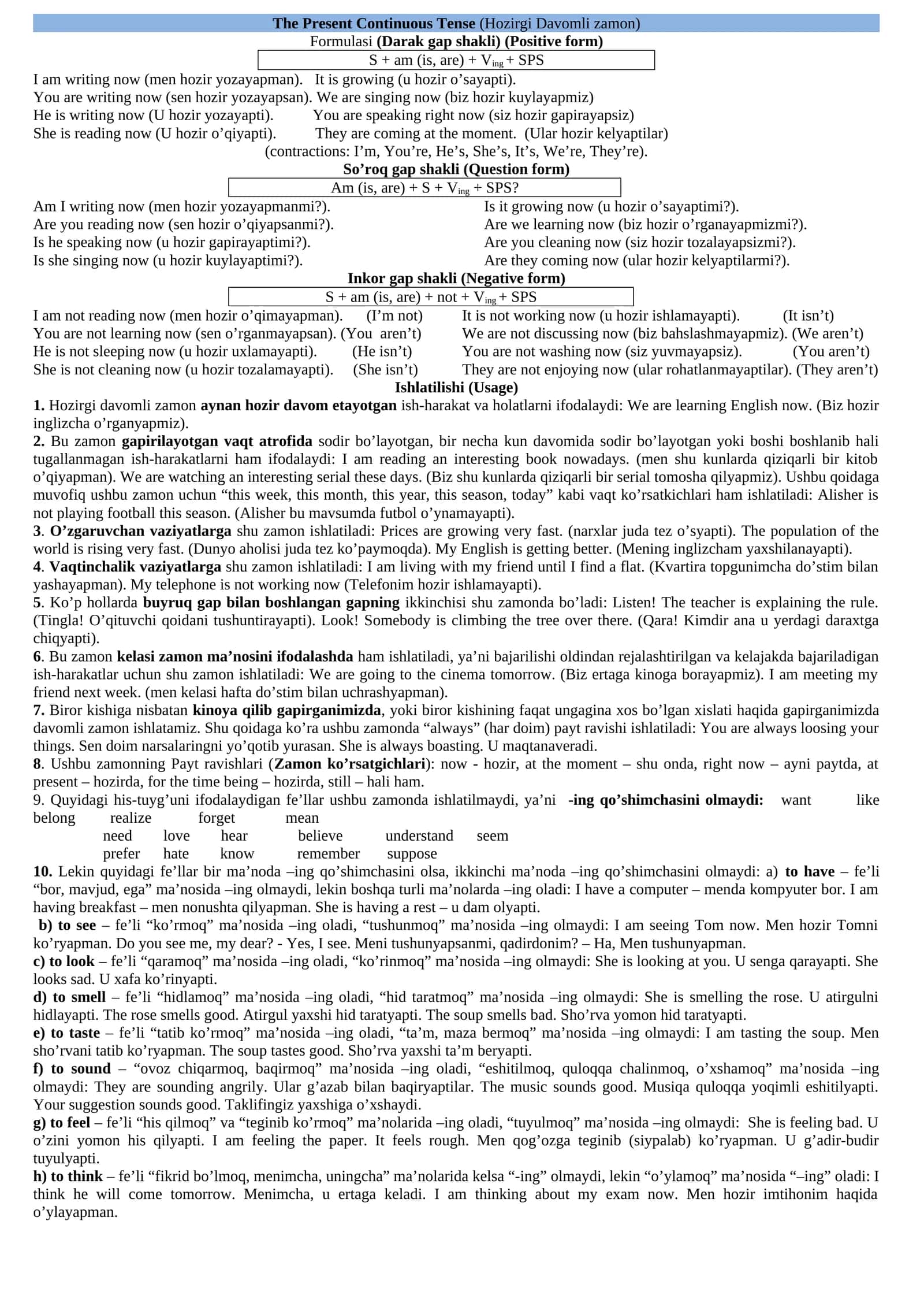 Ingiliz tilida zamonlarni to'liq ishlatish qoidalari,misollari va formulalari