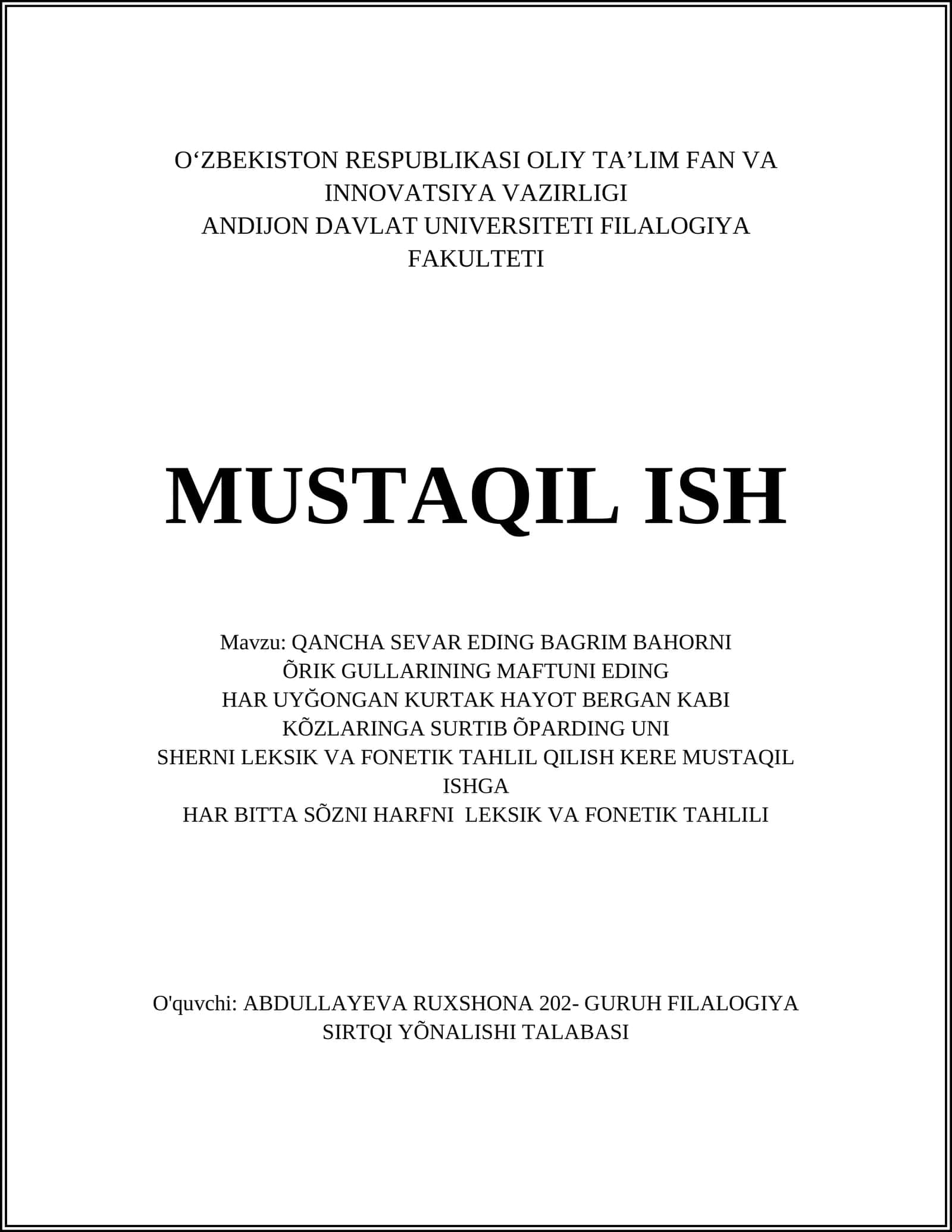 Qancha sevar eding bagrim bahorni