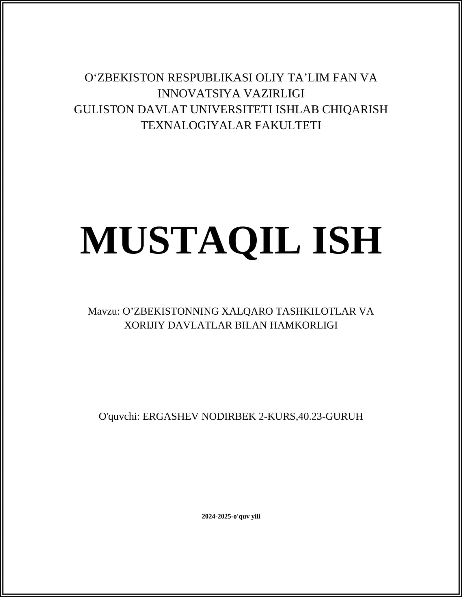 O'ZBEKISTONNING XALQARO TASHKILOTLAR VA XORIJIY DAVLATLAR BILAN HAMKORLIGI