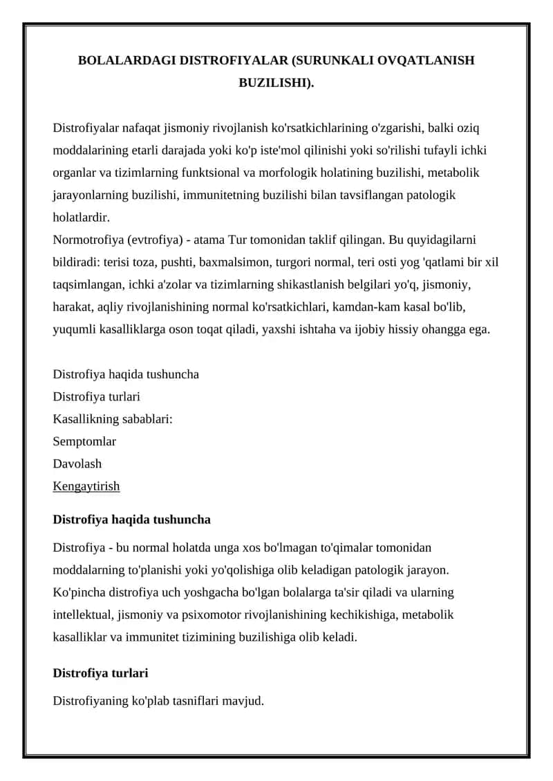 BOLALARDAGI DISTROFIYALAR (SURUNKALI OVQATLANISH BUZILISHI)
