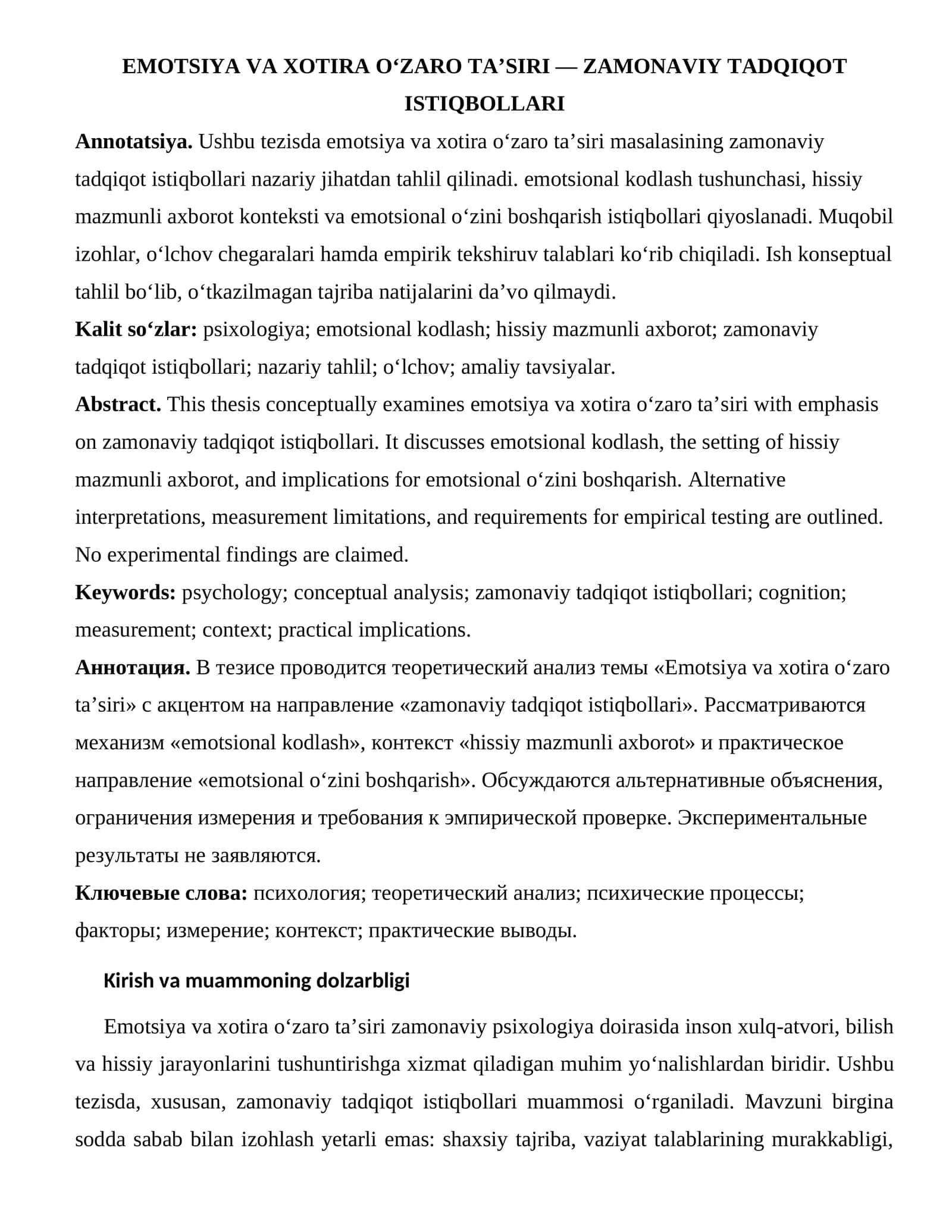 EMOTSIYA VA XOTIRA O‘ZARO TA’SIRI — ZAMONAVIY TADQIQOT ISTIQBOLLARI