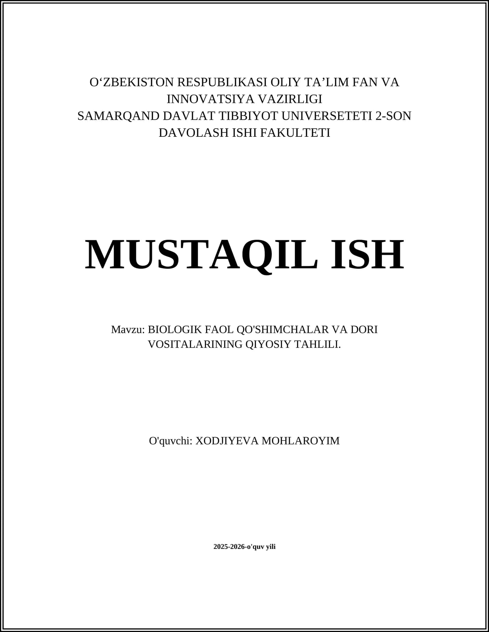BIOLOGIK FAOL QO'SHIMCHALAR VA DORI VOSITALARINING QIYOSIY TAHLILI