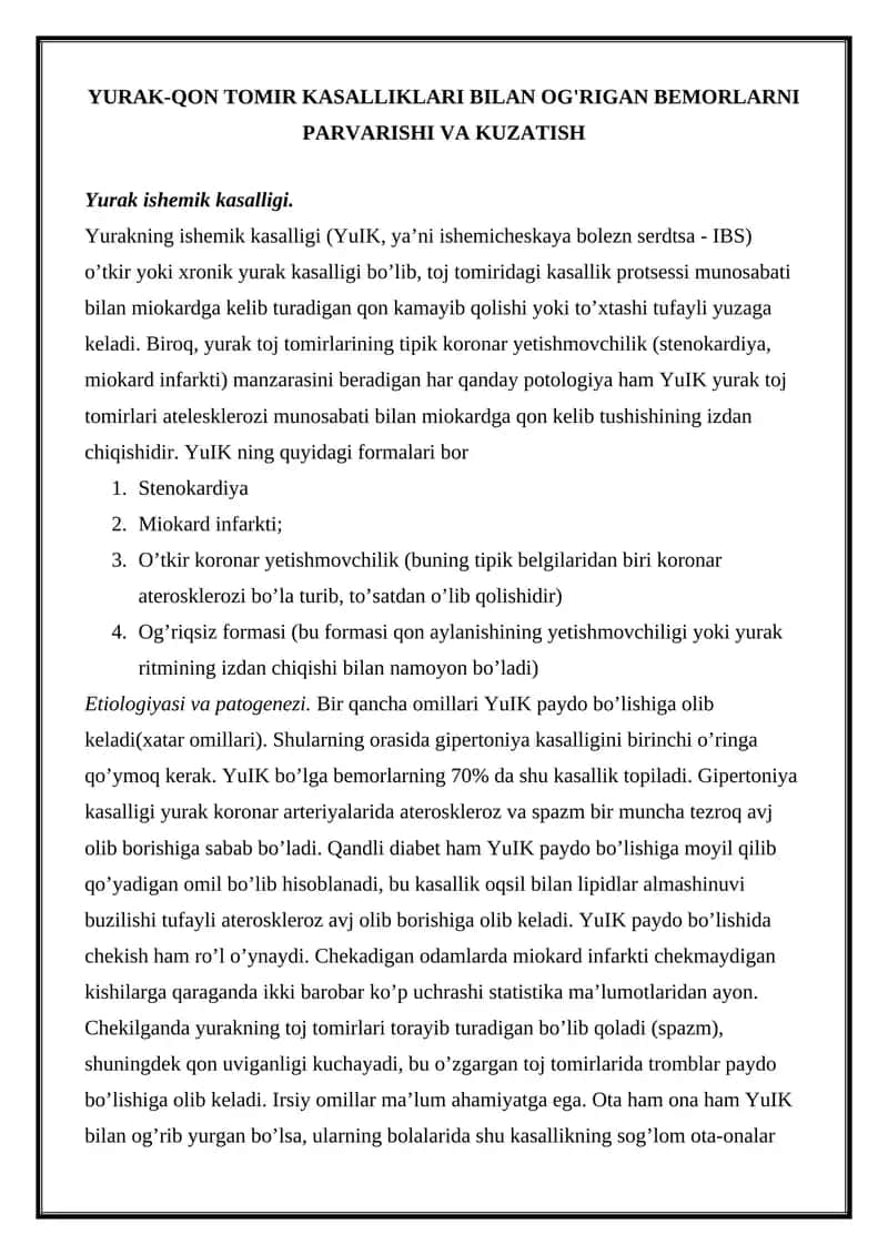 YURAK-QON TOMIR KASALLIKLARI BILAN OG'RIGAN BEMORLARNI PARVARISHI VA KUZATISH