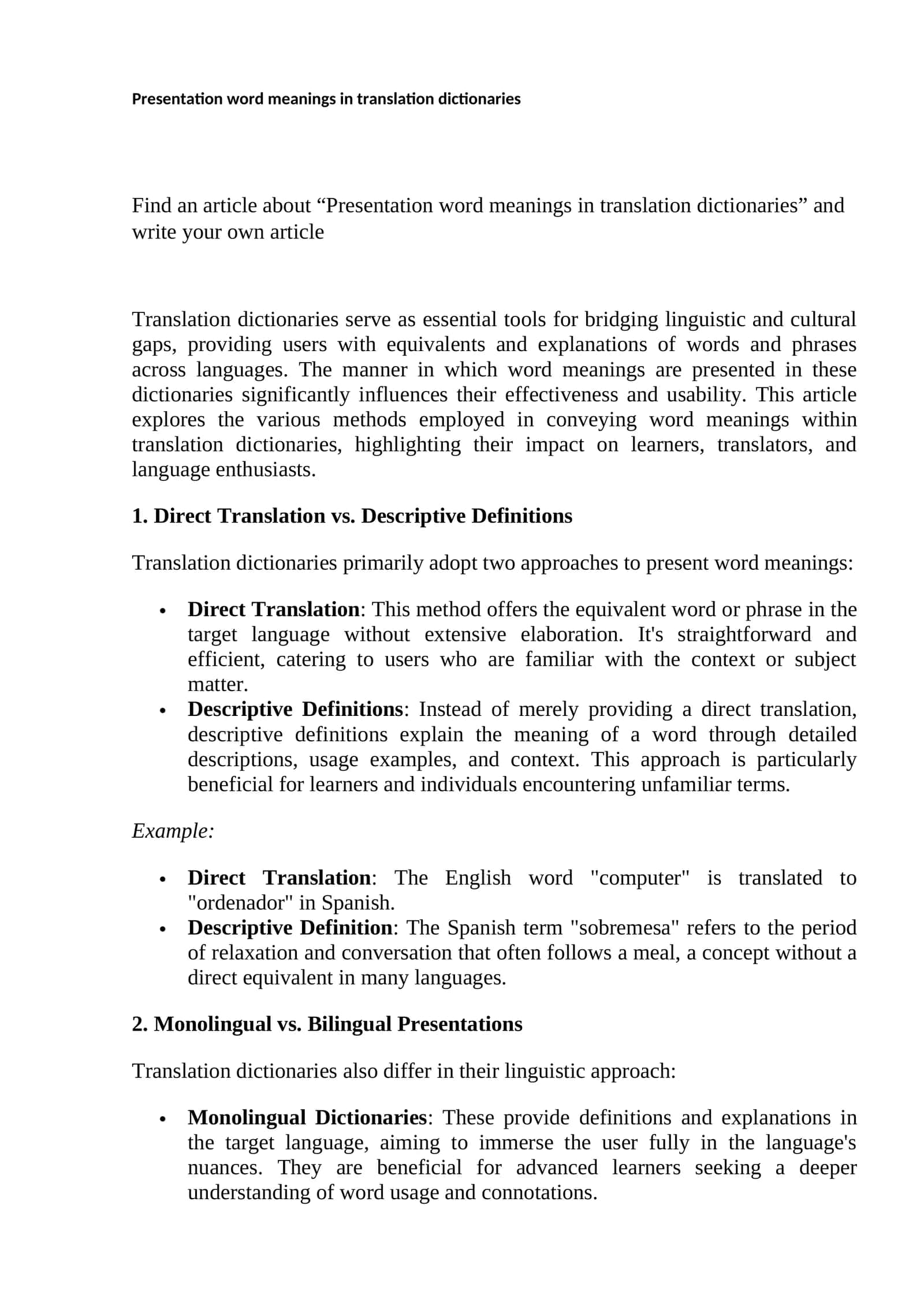 Presentation word meanings in translation dictionaries