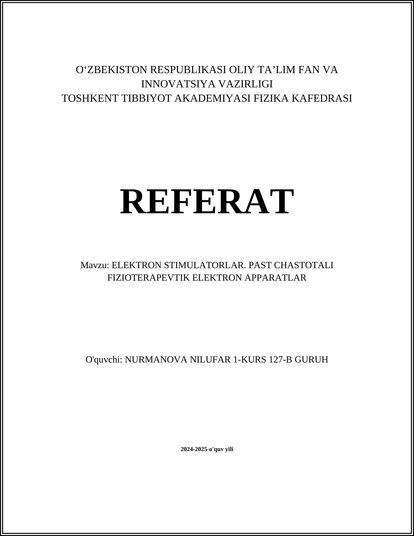 ELEKTRON STIMULATORLAR. PAST CHASTOTALI FIZIOTERAPEVTIK ELEKTRON APPARATLAR