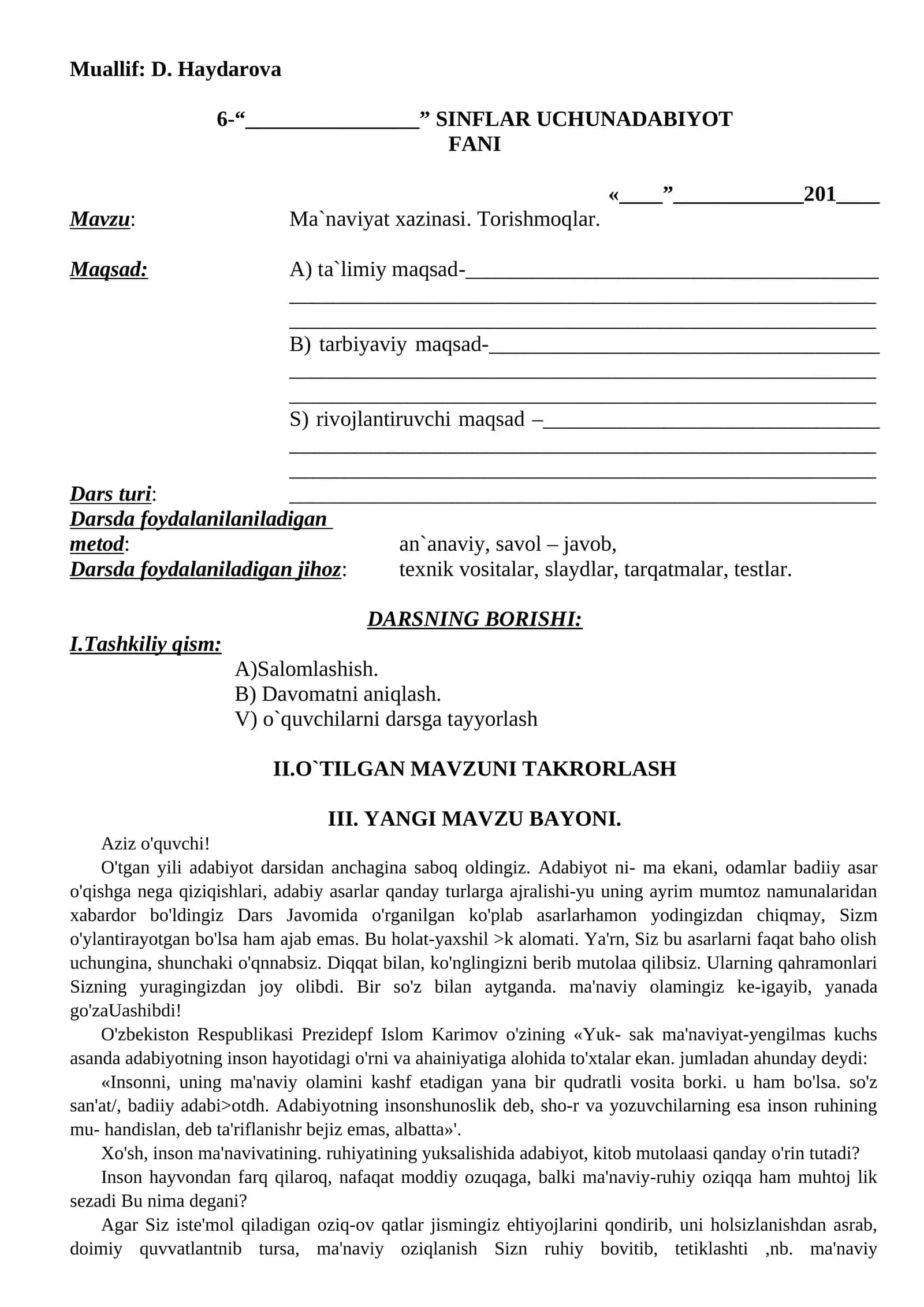 6-Sinf Adabiyot Fanidan Kompetensiyaviy Yillik Dars Ishlanmalar To‘plami