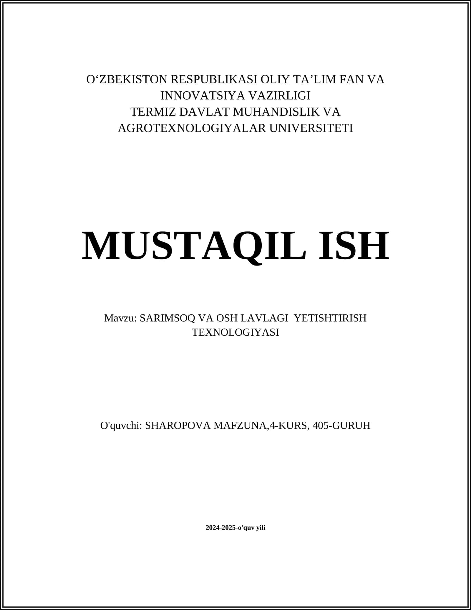 SARIMSOQ VA OSH LAVLAGI YETISHTIRISH TEXNOLOGIYASI